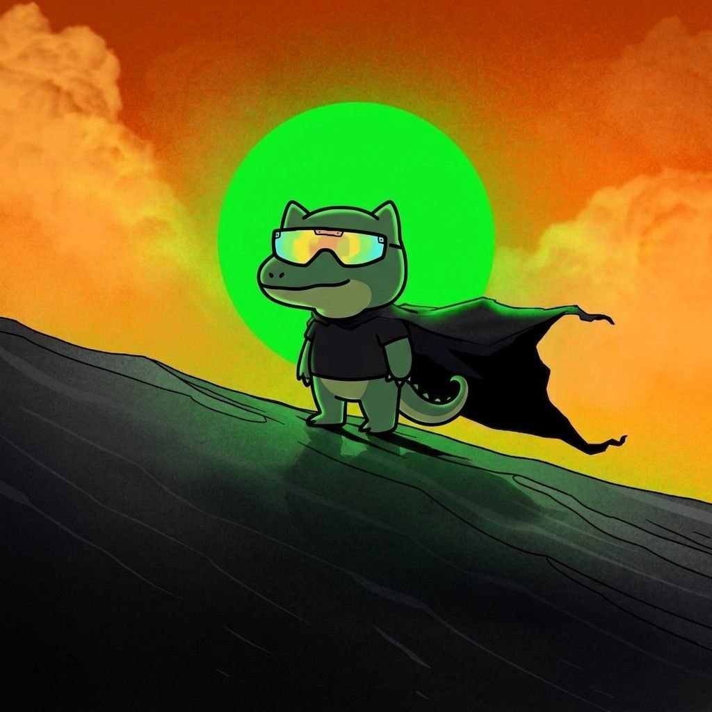 TEK the dinosaur wearing a cape against an epic sunset