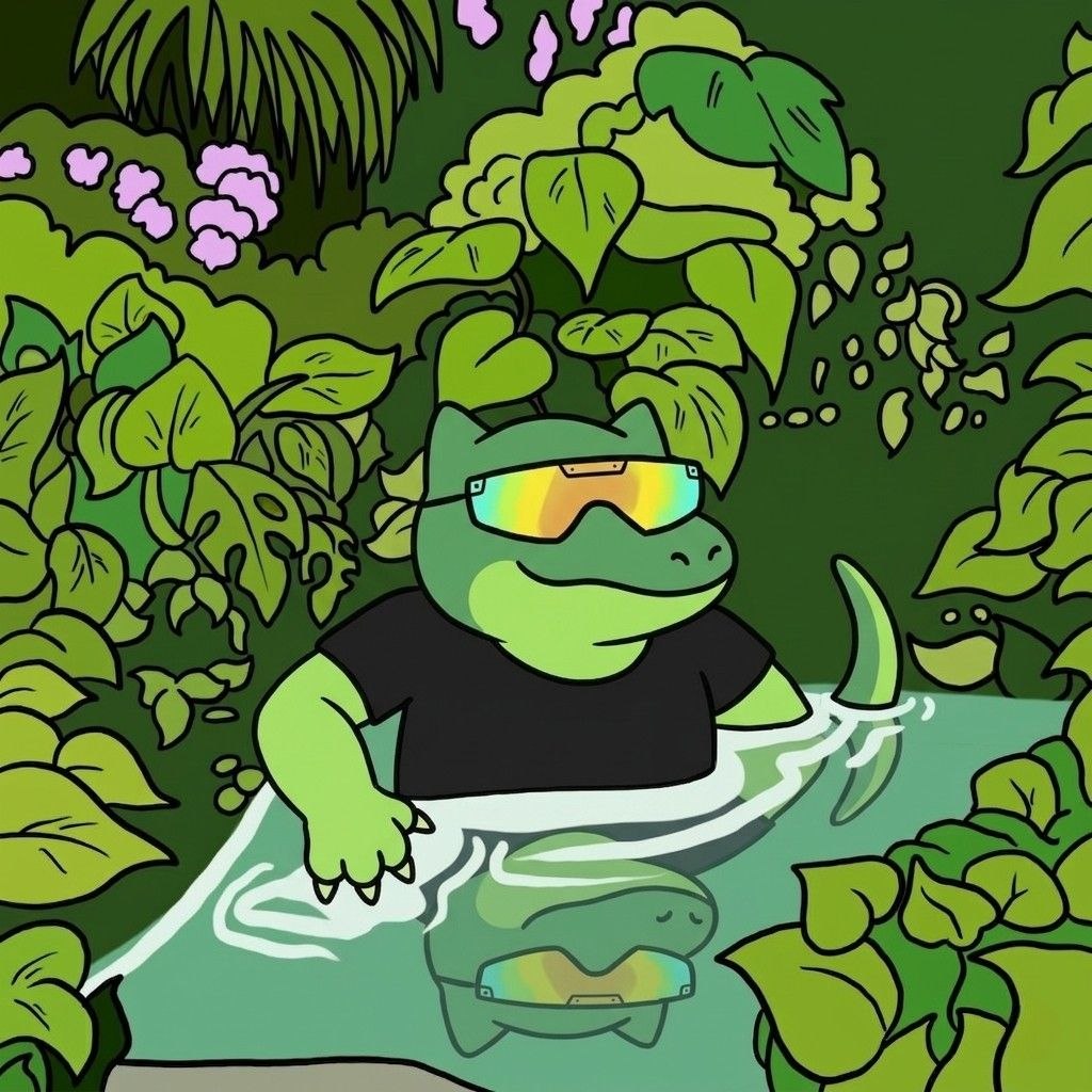 TEK the dinosaur vibing in a lush jungle