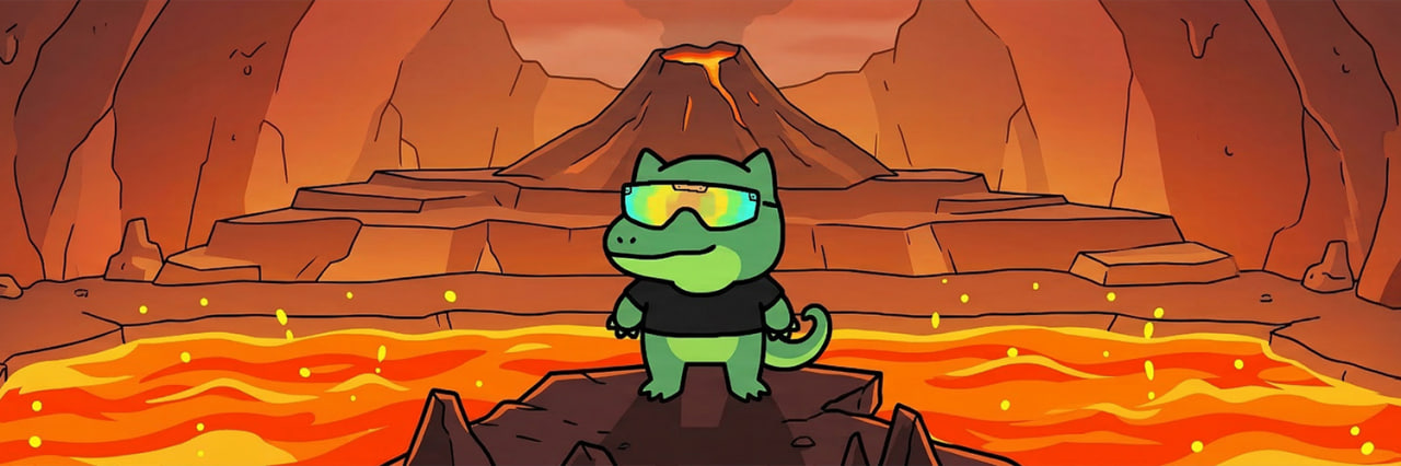 TEK the dinosaur standing before an erupting volcano