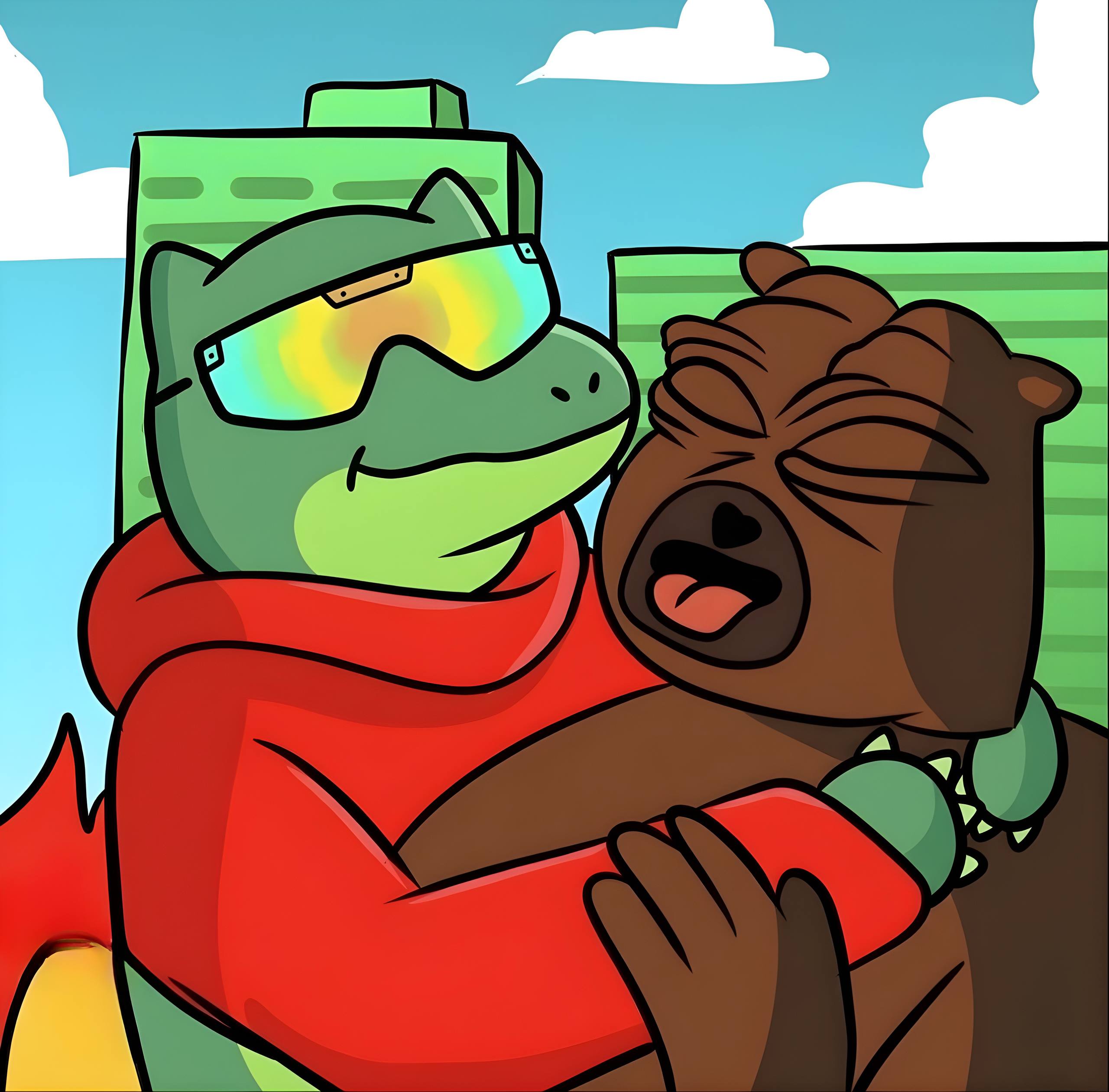 TEK the dinosaur hugging a friend warmly