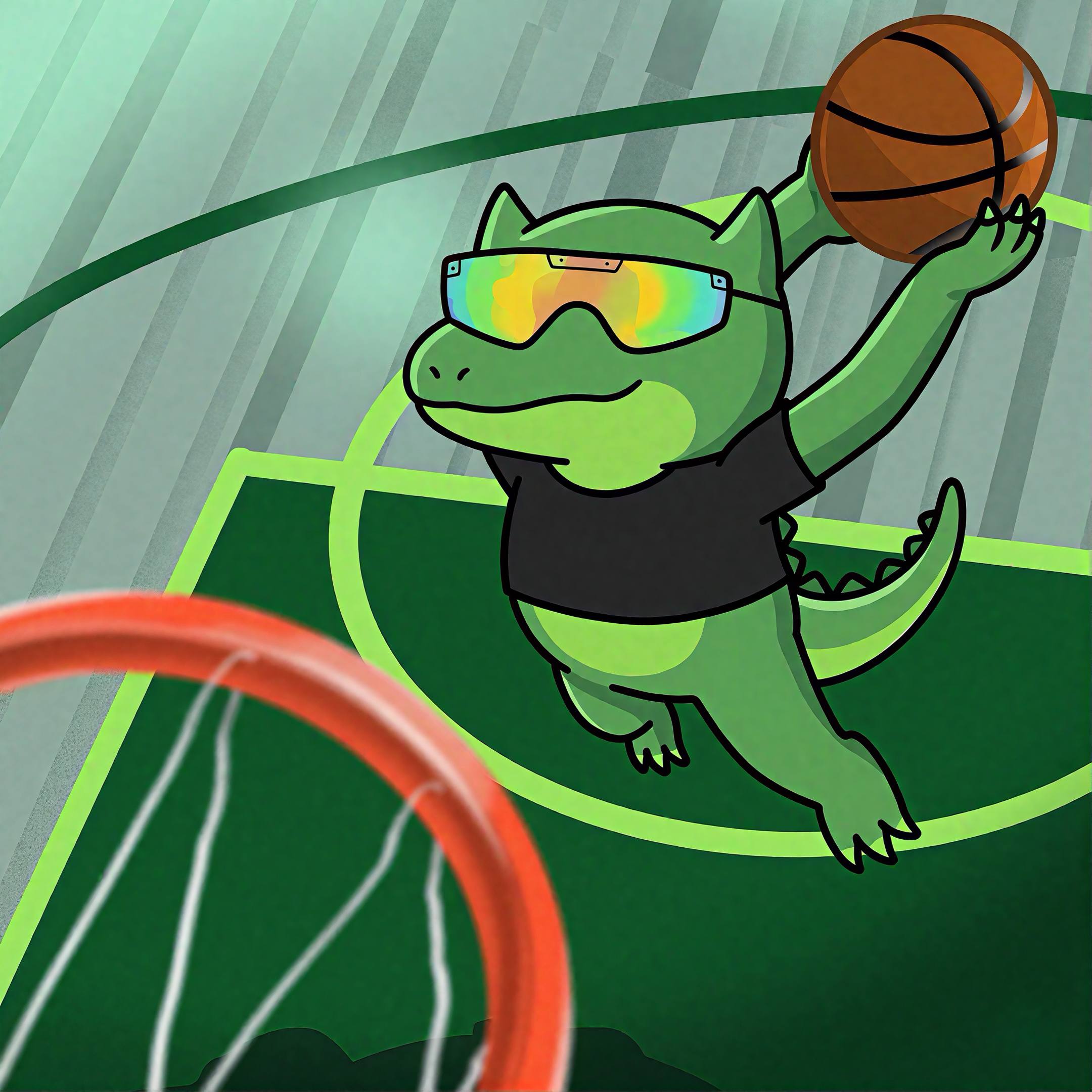 TEK the dinosaur dunking a basketball