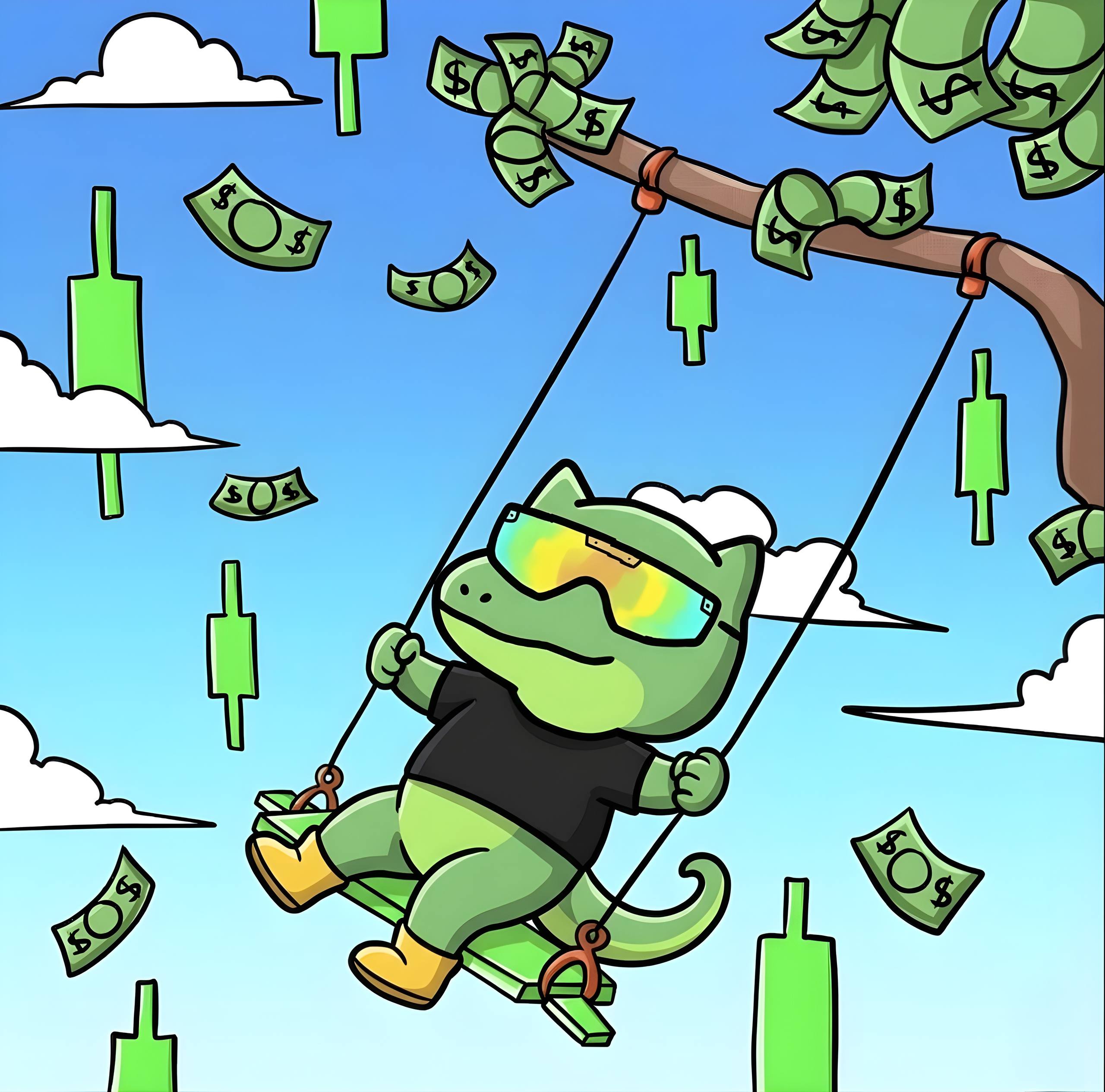 TEK the dinosaur swinging through stacks of money