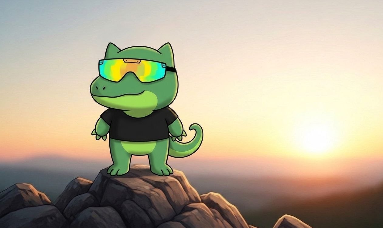 TEK the dinosaur standing proudly on a mountain peak